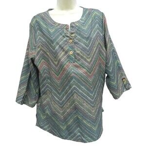 Serengeti Womens Top Size L Tunic 3/4 Sleeves Zig Zag Stripes Multicolor